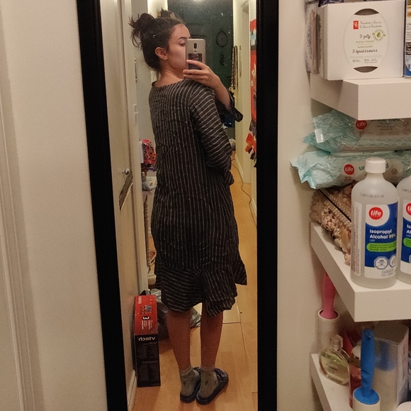 100% Linen Dress w Crew Neck, 3/4 Sleeves, Striped - Picture 3 of 7